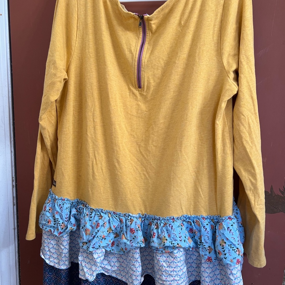 Matilda Jane Mustard Yellow Tiered Ruffle Blouse with Blue Floral Trim - Picture 2 of 3